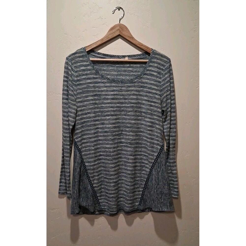 Soft Surroundings Women's Size 2CU25 Heathered Blue Striped Tunic Pom Pom Trim